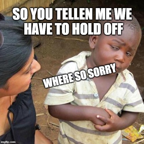 Third World Skeptical Kid | SO YOU TELLEN ME WE 
HAVE TO HOLD OFF; WHERE SO SORRY | image tagged in memes,third world skeptical kid | made w/ Imgflip meme maker