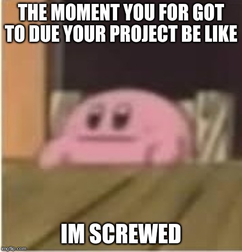 Kirby | THE MOMENT YOU FOR GOT TO DUE YOUR PROJECT BE LIKE; IM SCREWED | image tagged in kirby | made w/ Imgflip meme maker