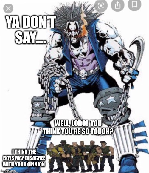 Small Soldiers hunting Lobo | YA DON’T SAY.... WELL, LOBO!  YOU THINK YOU’RE SO TOUGH? I THINK THE BOYS MAY DISAGREE WITH YOUR OPINION | image tagged in small soldiers hunting lobo | made w/ Imgflip meme maker