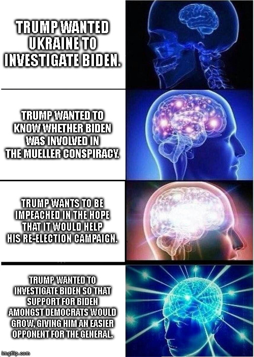 Expanding Brain Meme | TRUMP WANTED UKRAINE TO INVESTIGATE BIDEN. TRUMP WANTED TO KNOW WHETHER BIDEN WAS INVOLVED IN THE MUELLER CONSPIRACY. TRUMP WANTS TO BE IMPEACHED IN THE HOPE THAT IT WOULD HELP HIS RE-ELECTION CAMPAIGN. TRUMP WANTED TO INVESTIGATE BIDEN SO THAT SUPPORT FOR BIDEN AMONGST DEMOCRATS WOULD GROW, GIVING HIM AN EASIER OPPONENT FOR THE GENERAL. | image tagged in memes,expanding brain | made w/ Imgflip meme maker