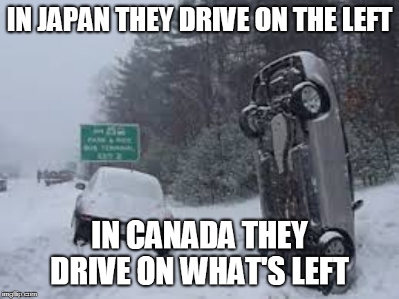 Driving in Canada | IN JAPAN THEY DRIVE ON THE LEFT; IN CANADA THEY DRIVE ON WHAT'S LEFT | image tagged in winter,driving,driving in winter | made w/ Imgflip meme maker