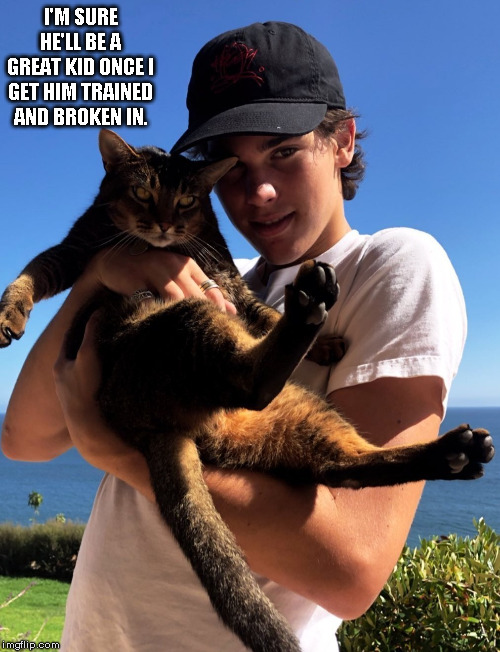 Kid & Cat | I'M SURE HE'LL BE A GREAT KID ONCE I GET HIM TRAINED AND BROKEN IN. | image tagged in kid,cat | made w/ Imgflip meme maker