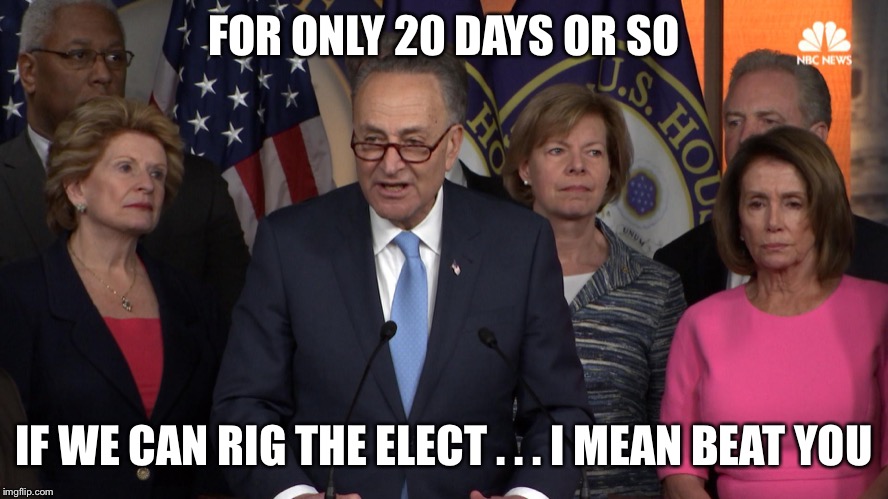 Democrat congressmen | FOR ONLY 20 DAYS OR SO IF WE CAN RIG THE ELECT . . . I MEAN BEAT YOU | image tagged in democrat congressmen | made w/ Imgflip meme maker