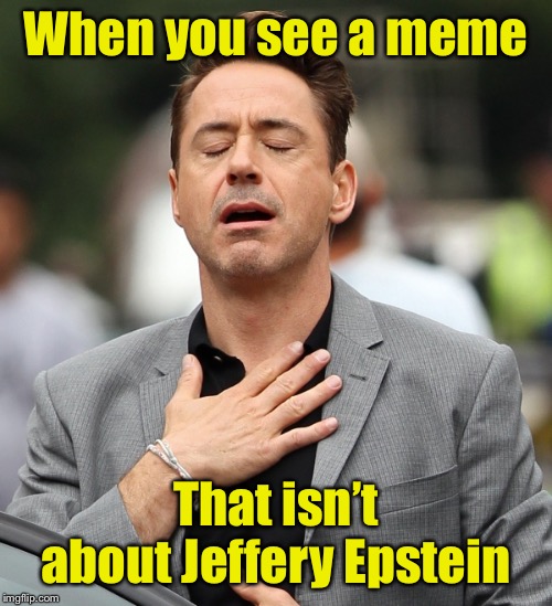 Ok, we get it already.  He didn’t kill himself. | When you see a meme; That isn’t about Jeffery Epstein | image tagged in relieved rdj,jeffrey epstein,had enough | made w/ Imgflip meme maker