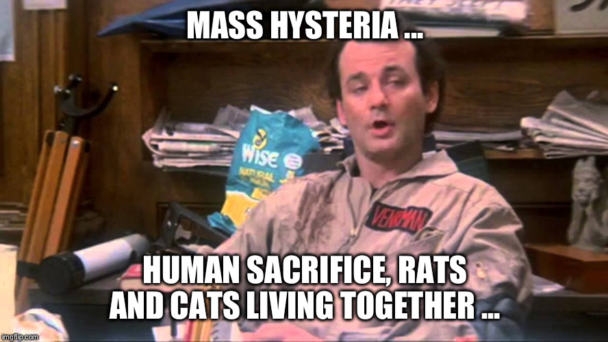 Mass Hysteria! | MASS HYSTERIA ... HUMAN SACRIFICE, RATS AND CATS LIVING TOGETHER ... | image tagged in venkman,ghostbusters,cats,rats,hysteria,bill murray | made w/ Imgflip meme maker