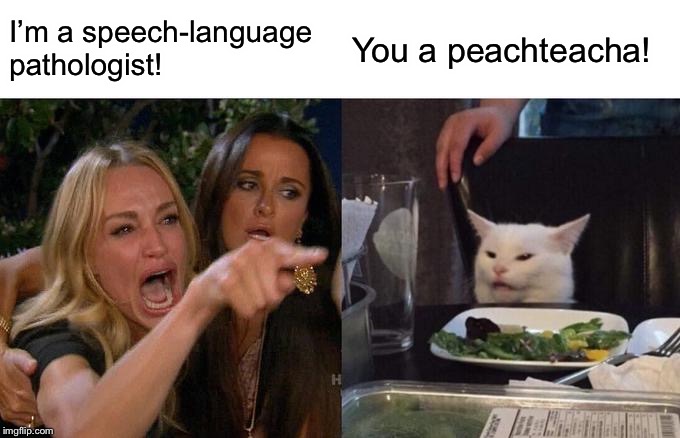 Woman Yelling At Cat Meme | I’m a speech-language pathologist! You a peachteacha! | image tagged in memes,woman yelling at a cat | made w/ Imgflip meme maker