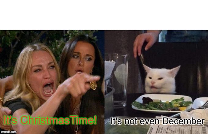 Christmas Time! Not! | It's ChristmasTime! It's not even December | image tagged in memes,woman yelling at a cat,christmas,too early | made w/ Imgflip meme maker