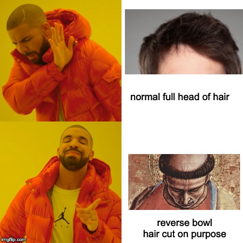 Drake Hotline Bling Meme | normal full head of hair; reverse bowl hair cut on purpose | image tagged in memes,drake hotline bling | made w/ Imgflip meme maker