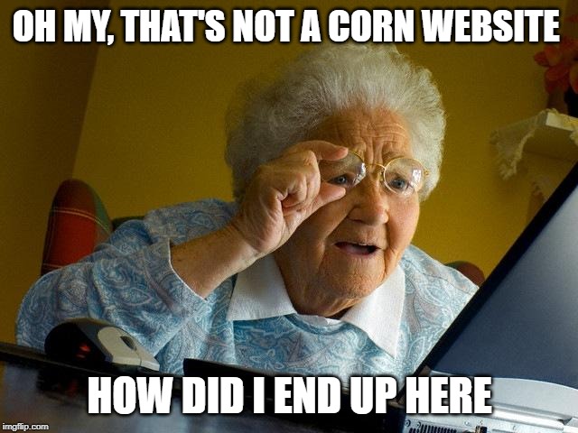 Grandma Finds The Internet | OH MY, THAT'S NOT A CORN WEBSITE; HOW DID I END UP HERE | image tagged in memes,grandma finds the internet | made w/ Imgflip meme maker