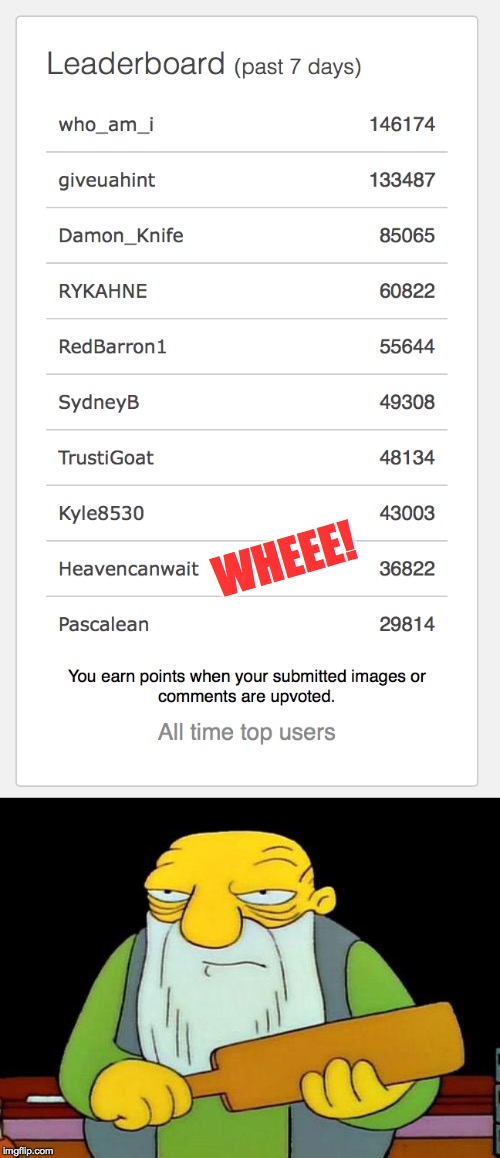 This is the first time I've been on the seven day leaderboard.  Thanks everyone!  ( : | WHEEE! | image tagged in memes,that's a paddlin',leaderboard,wheee | made w/ Imgflip meme maker