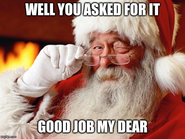 santa | WELL YOU ASKED FOR IT GOOD JOB MY DEAR | image tagged in santa | made w/ Imgflip meme maker