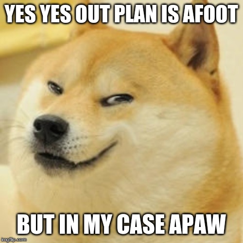 evil doge | YES YES OUT PLAN IS AFOOT BUT IN MY CASE APAW | image tagged in evil doge | made w/ Imgflip meme maker