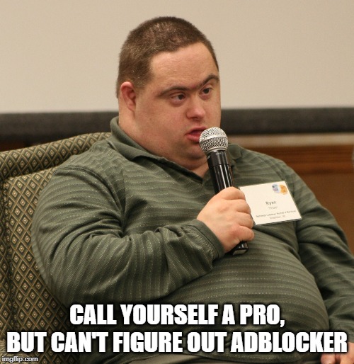 Down Syndrome | CALL YOURSELF A PRO, BUT CAN'T FIGURE OUT ADBLOCKER | image tagged in down syndrome | made w/ Imgflip meme maker