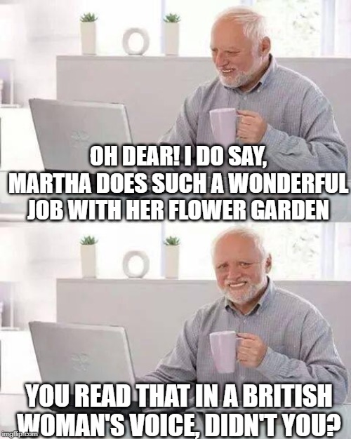 Hide the Pain Harold Meme | OH DEAR! I DO SAY, MARTHA DOES SUCH A WONDERFUL JOB WITH HER FLOWER GARDEN; YOU READ THAT IN A BRITISH WOMAN'S VOICE, DIDN'T YOU? | image tagged in memes,hide the pain harold | made w/ Imgflip meme maker