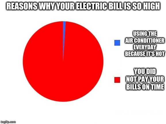 circle graph | REASONS WHY YOUR ELECTRIC BILL IS SO HIGH USING THE AIR CONDITIONER EVERYDAY BECAUSE IT'S HOT YOU DID NOT PAY YOUR BILLS ON TIME | image tagged in circle graph | made w/ Imgflip meme maker