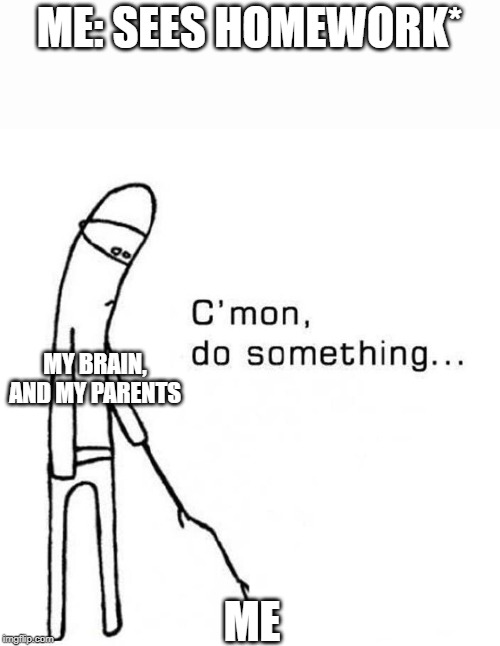 cmon do something | ME: SEES HOMEWORK*; MY BRAIN, AND MY PARENTS; ME | image tagged in cmon do something | made w/ Imgflip meme maker