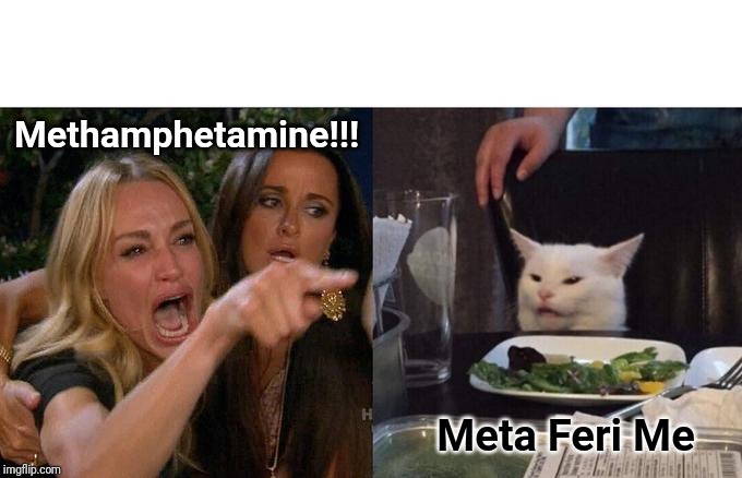 Woman Yelling At Cat Meme | Methamphetamine!!! Meta Feri Me | image tagged in memes,woman yelling at a cat | made w/ Imgflip meme maker
