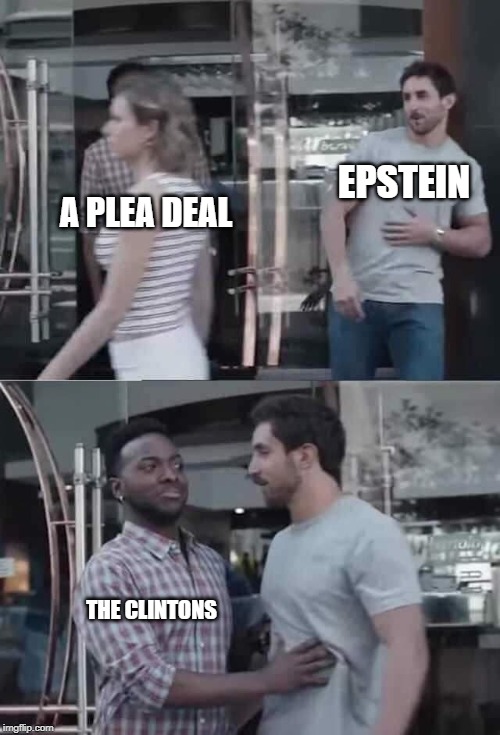 Bro Blocked | EPSTEIN; A PLEA DEAL; THE CLINTONS | image tagged in bro blocked | made w/ Imgflip meme maker