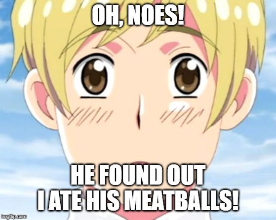 Finland Realizes Hetalia | OH, NOES! HE FOUND OUT I ATE HIS MEATBALLS! | image tagged in finland realizes hetalia | made w/ Imgflip meme maker