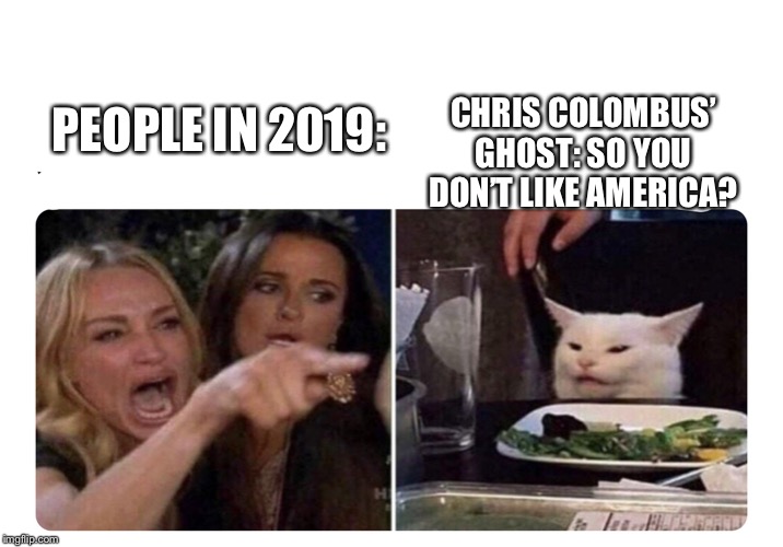 Housewives cat | CHRIS COLOMBUS’ GHOST: SO YOU DON’T LIKE AMERICA? PEOPLE IN 2019: | image tagged in housewives cat | made w/ Imgflip meme maker
