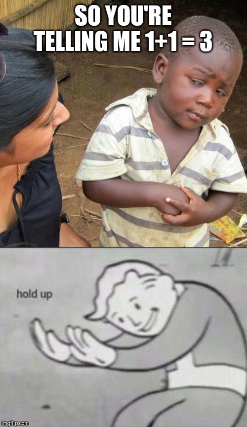 SO YOU'RE TELLING ME 1+1 = 3 | image tagged in memes,third world skeptical kid,fallout hold up | made w/ Imgflip meme maker