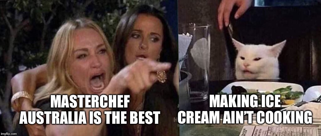 woman yelling at cat | MAKING ICE CREAM AIN’T COOKING; MASTERCHEF AUSTRALIA IS THE BEST | image tagged in woman yelling at cat | made w/ Imgflip meme maker