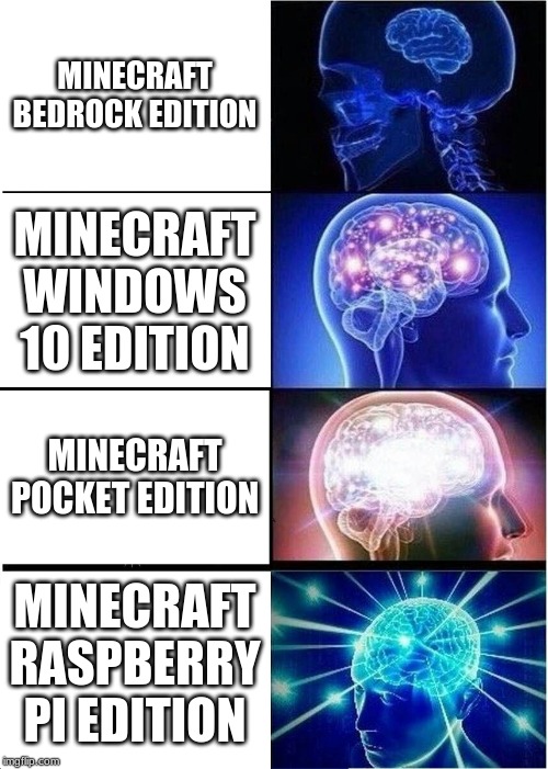 Minecraft Big Brain Meme | MINECRAFT BEDROCK EDITION; MINECRAFT WINDOWS 10 EDITION; MINECRAFT POCKET EDITION; MINECRAFT RASPBERRY PI EDITION | image tagged in memes,expanding brain,gaming,minecraft | made w/ Imgflip meme maker