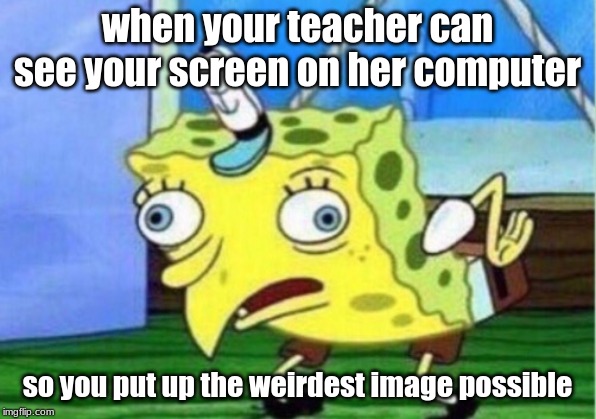 Mocking Spongebob Meme | when your teacher can see your screen on her computer; so you put up the weirdest image possible | image tagged in memes,mocking spongebob | made w/ Imgflip meme maker