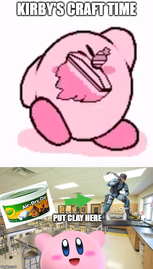 Fear not Brawl junkies. | KIRBY'S CRAFT TIME; PUT CLAY HERE | image tagged in solid snake,kirby,amiibo | made w/ Imgflip meme maker