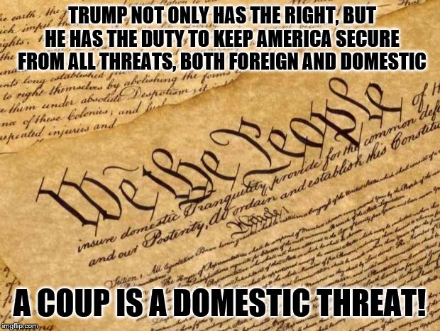 Constitution | TRUMP NOT ONLY HAS THE RIGHT, BUT HE HAS THE DUTY TO KEEP AMERICA SECURE FROM ALL THREATS, BOTH FOREIGN AND DOMESTIC; A COUP IS A DOMESTIC THREAT! | image tagged in constitution,memes,political memes | made w/ Imgflip meme maker