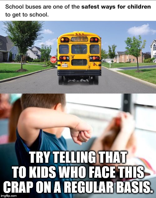 School bus safety? What a crock! | TRY TELLING THAT TO KIDS WHO FACE THIS CRAP ON A REGULAR BASIS. | image tagged in school bus,school bullies,school propaganda,safety advocates,half swiped from ontario ministry of transportation | made w/ Imgflip meme maker
