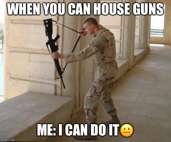 holding gun wrong | WHEN YOU CAN HOUSE GUNS; ME: I CAN DO IT😐 | image tagged in holding gun wrong | made w/ Imgflip meme maker