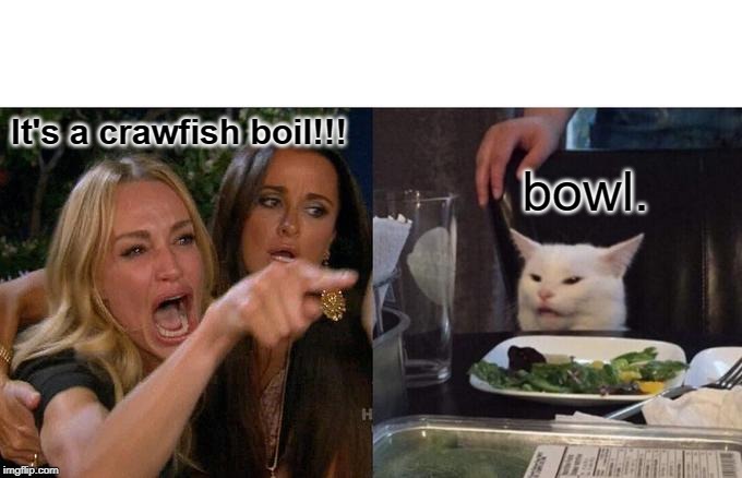 Woman Yelling At Cat Meme | It's a crawfish boil!!! bowl. | image tagged in memes,woman yelling at a cat | made w/ Imgflip meme maker