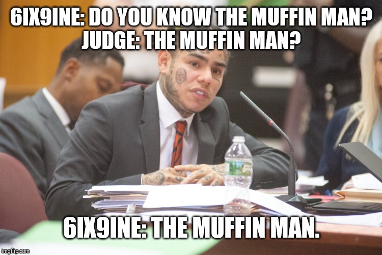Tekashi 6ix9ine testifies | 6IX9INE: DO YOU KNOW THE MUFFIN MAN?
JUDGE: THE MUFFIN MAN? 6IX9INE: THE MUFFIN MAN. | image tagged in tekashi 6ix9ine testifies | made w/ Imgflip meme maker