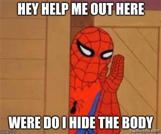 psst spiderman | HEY HELP ME OUT HERE; WERE DO I HIDE THE BODY | image tagged in psst spiderman | made w/ Imgflip meme maker