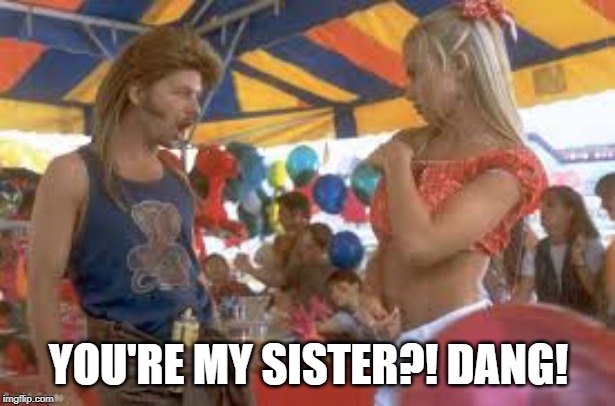 joe dirt sister dang | YOU'RE MY SISTER?! DANG! | image tagged in joe dirt sister dang | made w/ Imgflip meme maker