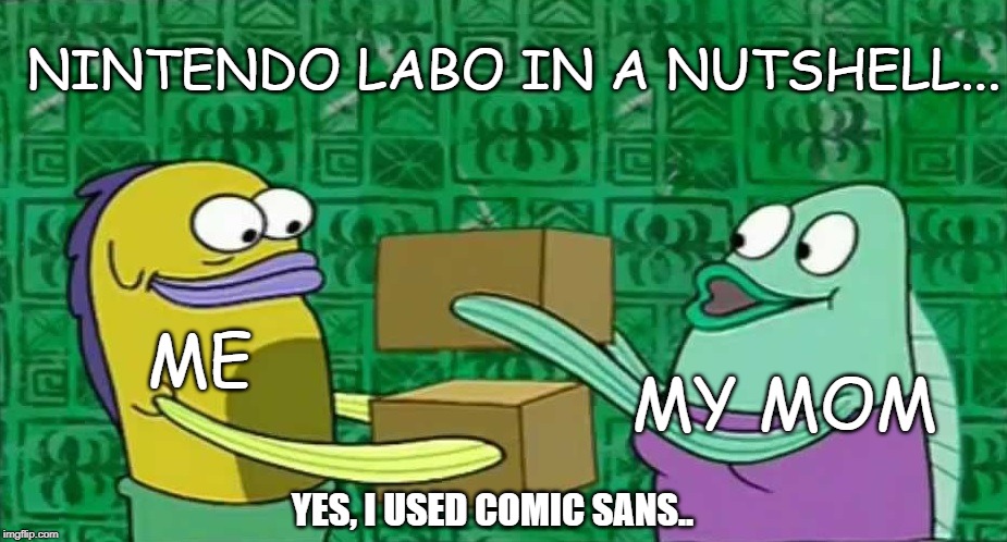 I couldn't afford a present this year, so I got you this box | NINTENDO LABO IN A NUTSHELL... ME; MY MOM; YES, I USED COMIC SANS.. | image tagged in i couldn't afford a present this year so i got you this box | made w/ Imgflip meme maker