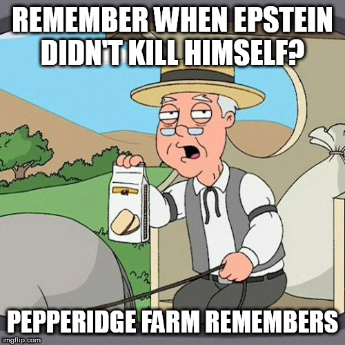 Pepperidge Farm Remembers | REMEMBER WHEN EPSTEIN DIDN'T KILL HIMSELF? PEPPERIDGE FARM REMEMBERS | image tagged in memes,pepperidge farm remembers | made w/ Imgflip meme maker