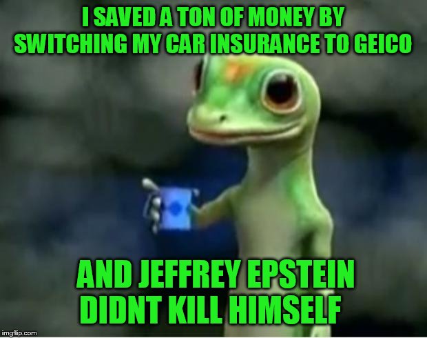 Geico Gecko | I SAVED A TON OF MONEY BY SWITCHING MY CAR INSURANCE TO GEICO; AND JEFFREY EPSTEIN DIDNT KILL HIMSELF | image tagged in geico gecko,jeffrey epstein,memes,epstein,suicide | made w/ Imgflip meme maker