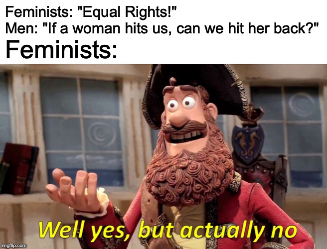 Well Yes, But Actually No | Feminists: "Equal Rights!"
Men: "If a woman hits us, can we hit her back?"; Feminists: | image tagged in memes,well yes but actually no | made w/ Imgflip meme maker