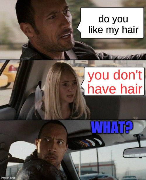 The Rock Driving |  do you like my hair; you don't have hair; WHAT? | image tagged in memes,the rock driving | made w/ Imgflip meme maker