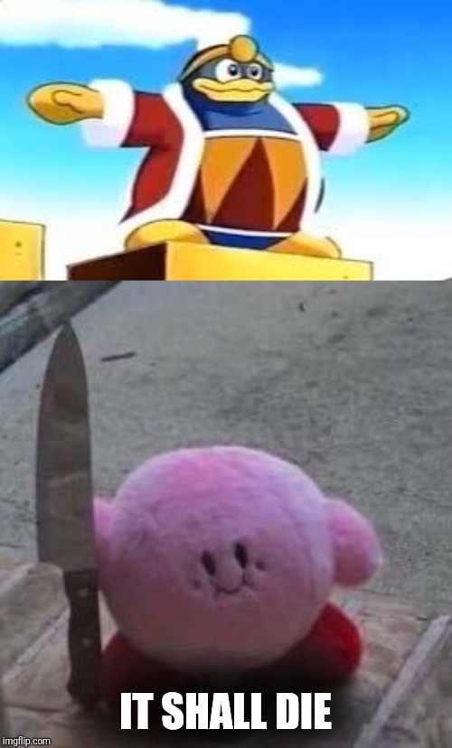 IT SHALL DIE | image tagged in creepy kirby,king dedede tpose | made w/ Imgflip meme maker