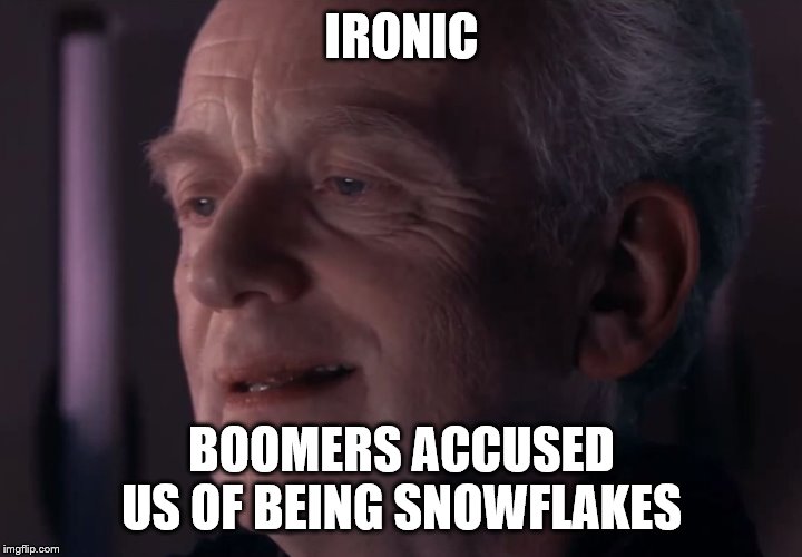 Ironic Palpatine | IRONIC BOOMERS ACCUSED US OF BEING SNOWFLAKES | image tagged in ironic palpatine | made w/ Imgflip meme maker