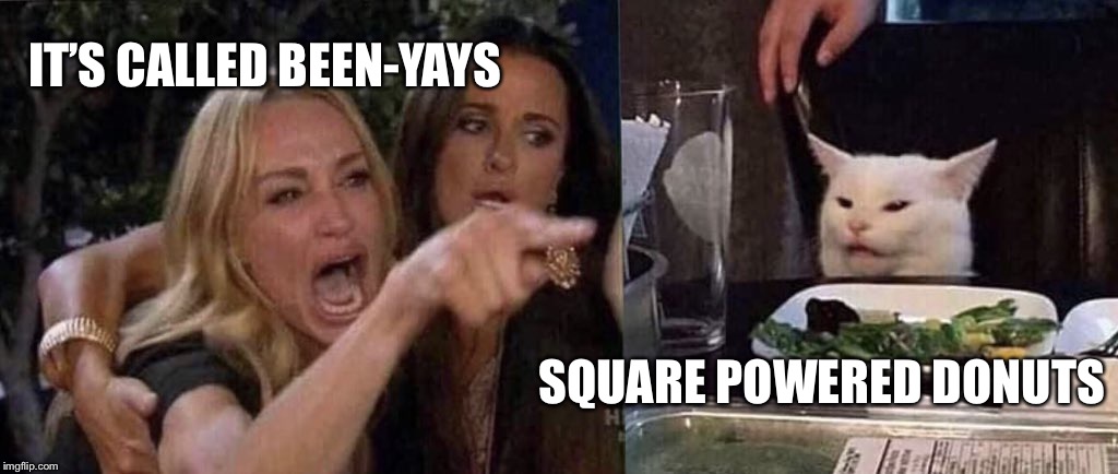 woman yelling at cat | IT’S CALLED BEEN-YAYS; SQUARE POWERED DONUTS | image tagged in woman yelling at cat | made w/ Imgflip meme maker