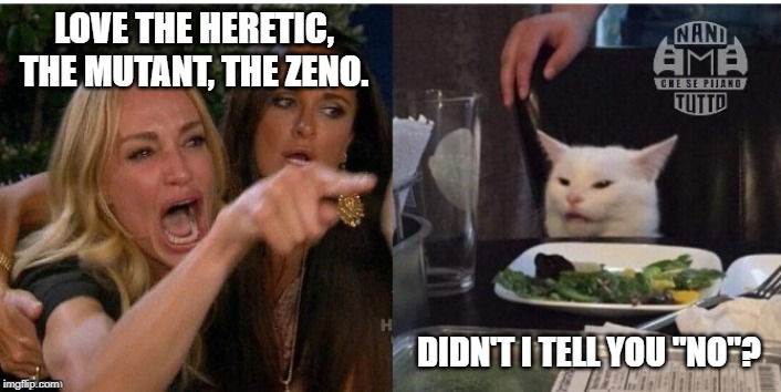white cat table | LOVE THE HERETIC, THE MUTANT, THE ZENO. DIDN'T I TELL YOU "NO"? | image tagged in white cat table | made w/ Imgflip meme maker