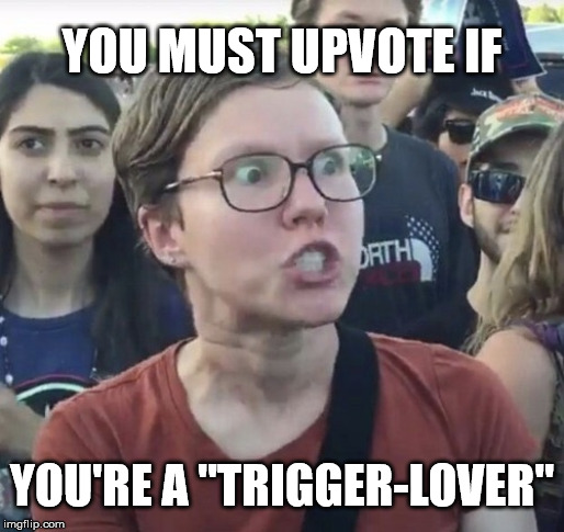 A MEME TOO FAR | YOU MUST UPVOTE IF; YOU'RE A "TRIGGER-LOVER" | image tagged in triggered feminist,triggered,super_triggered,political correctness | made w/ Imgflip meme maker