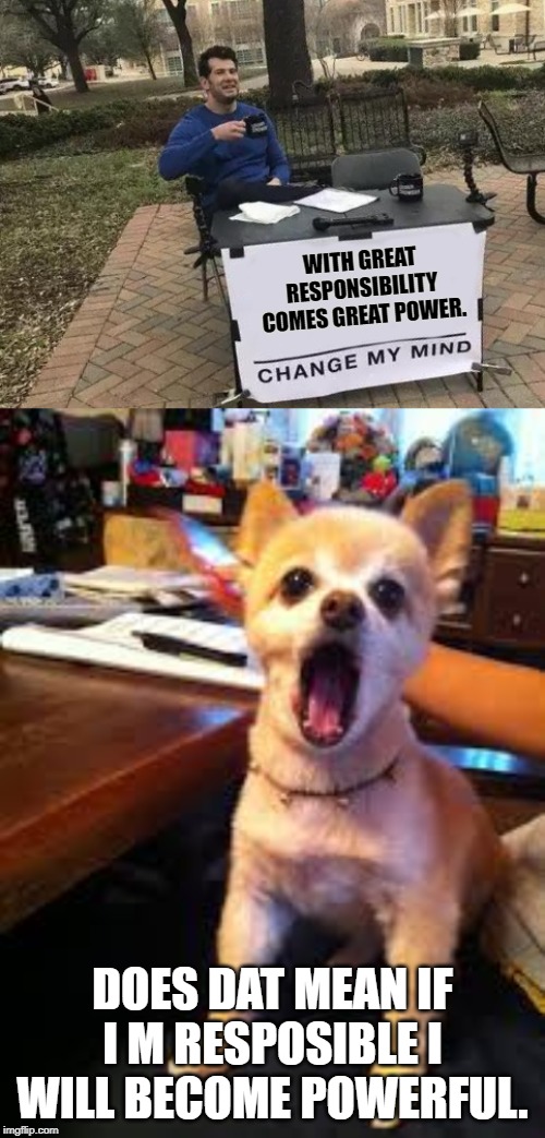 WITH GREAT RESPONSIBILITY COMES GREAT POWER. DOES DAT MEAN IF I M RESPOSIBLE I WILL BECOME POWERFUL. | image tagged in memes,change my mind,dog,funny memes,upvotes,like | made w/ Imgflip meme maker
