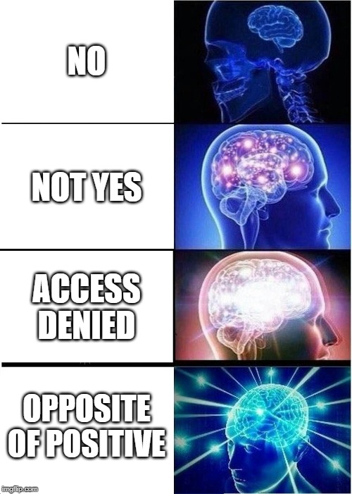 Expanding Brain Meme | NO; NOT YES; ACCESS DENIED; OPPOSITE OF POSITIVE | image tagged in memes,expanding brain | made w/ Imgflip meme maker