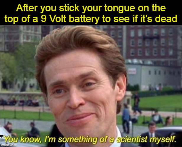 You know, I'm something of a scientist myself | After you stick your tongue on the top of a 9 Volt battery to see if it's dead | image tagged in you know i'm something of a scientist myself,memes,spiderman,battery,science | made w/ Imgflip meme maker