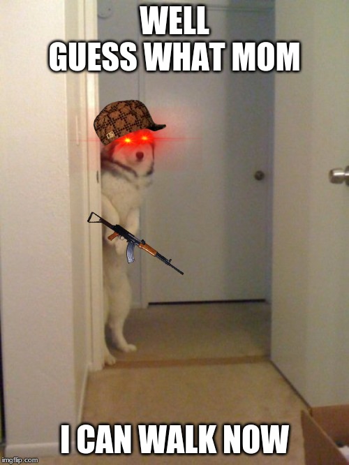 Scared standing dog | WELL GUESS WHAT MOM; I CAN WALK NOW | image tagged in scared standing dog | made w/ Imgflip meme maker